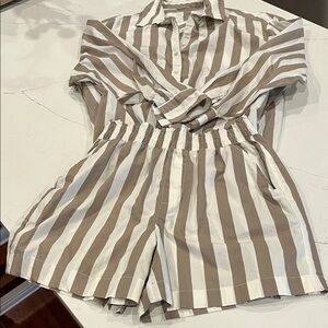 Aerie Beige and White Striped Shirt Set